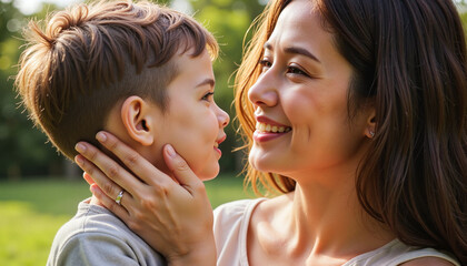 Fototapeta premium Loving mother and son sharing a joyful moment in the park 