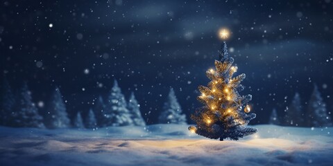 A lone Christmas tree stands in the snow at night, its lights shining and creating an enchanting an