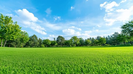 Lush green grass stretches under a bright blue sky dotted with clouds, framed by vibrant trees in a serene landscape, Green Technology.