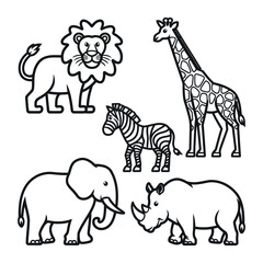 Hand-drawn African safari animal set featuring lion, elephant, giraffe, zebra, and rhino