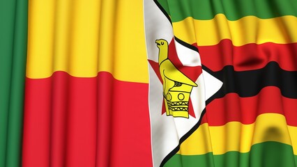 Flags of BENIN and ZIMBABWE with realistic cloth texture