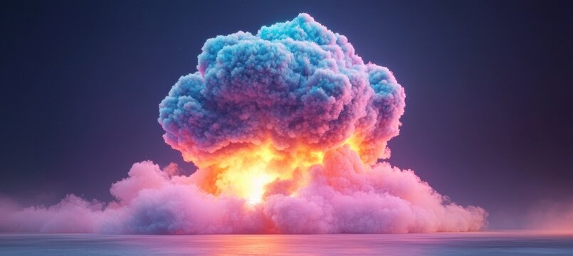 Pastel mushroom cloud explosion on slate gray horizon