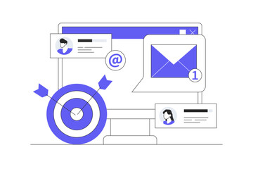 Using email campaigns and newsletters to approach the target market Online business strategy, Advertising, Email newsletter, messaging. Flat Cartoon Vector Illustration, icon. Stylish abstract design