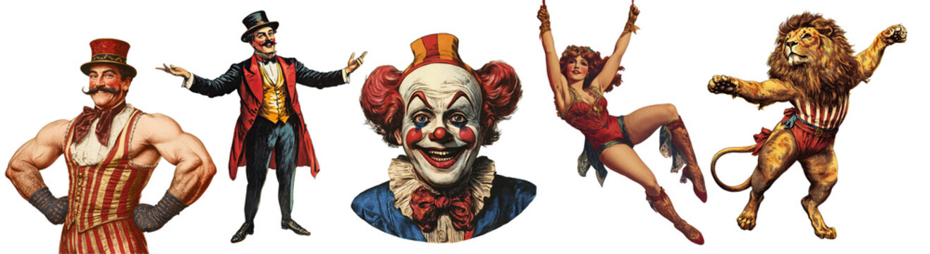 A set of vintage circus show retro design elements. Transparent background