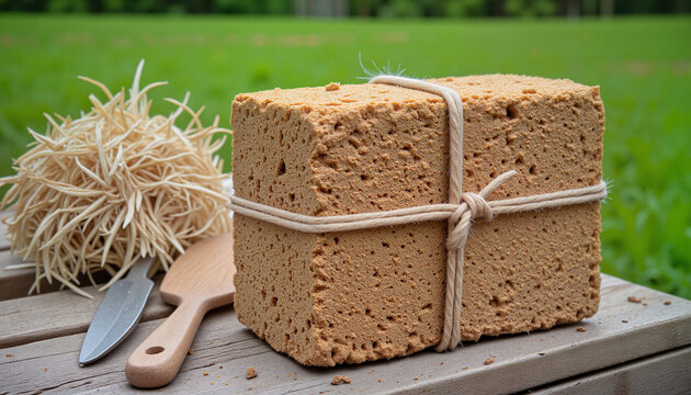 Compact eco-brick made from natural materials on weathered wooden crate outdoors