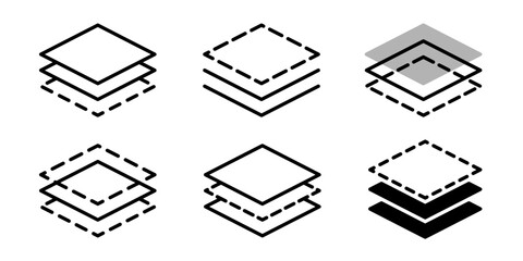 Layers icon set. Layer 1, 2, 3, 4, 5, 6, 7, 8, 9, 10. Logo layers, levels, tiers, sheets icons. Fabric floor layers symbol absorbent of material stack vector. Surface levels technology for business.