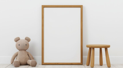 A cozy room featuring a blank wooden frame, a soft teddy bear, and a simple wooden stool, creating a warm, inviting atmosphere.