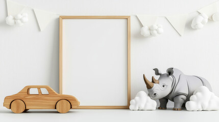 A minimalist decorative scene featuring a wooden car, a rhinoceros figure, and a blank frame against a light wall with cloud-like accents.