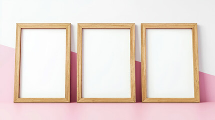 Three empty wooden frames displayed against a pink and white background, ideal for showcasing artwork or photographs.