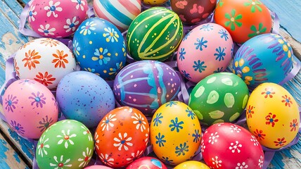 Obraz premium Vibrant Hand-Painted Easter Eggs with Unique Artistic Patterns Colorful Designs Arranged on Rustic Blue Wooden Surface with Festive Spring Elements for a Cheerful and Joyful Easter Holiday Celebration