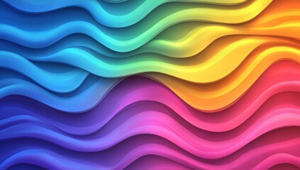 Vibrant gradient colors and abstract wave patterns are characterized by fluid motion, undulating lines, and dynamic curves that evoke a rainbow spectrum, with colorful waves flowing in a rhythmic