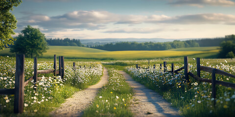 Fototapeta premium A Peaceful Countryside Road Surrounded by Blooming Trees for Scenic, Rural, or Nature-Themed Projects