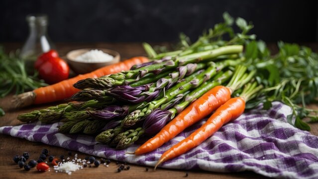 A dark, textured surface features a variety of fresh ingredients arranged artfully.