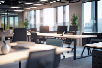 Fototapeta premium Modern Blurred Workspace Design in Open Plan Office Layout