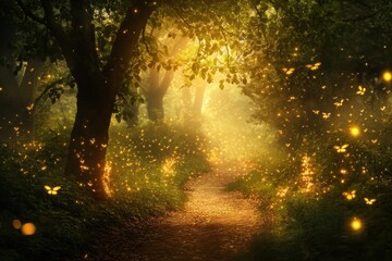 Fototapeta premium A secret glade where fireflies and golden mist swirl in a mesmerizing dance.