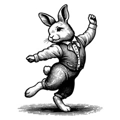 rabbit wearing a jacket and dancing playfully, drawn in an engraved, woodcut style with fine details sketch engraving generative ai PNG illustration. Scratch board imitation. Black and white image.