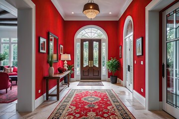 Chic Minimalist Foyer Design with Bold Red Wall for Stunning Entrance Space