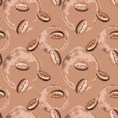 Roasted coffee beans and paint splashes. Seamless pattern. Watercolor hand drawn illustration. Ingredient for mocha mousse drink. Arabica seed. Template for food design, wallpaper, textile, packaging.