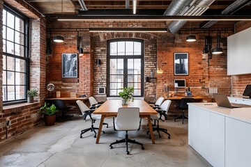 Artistic Exposed Brick and White Cultural Workspace Interior Design Ideas
