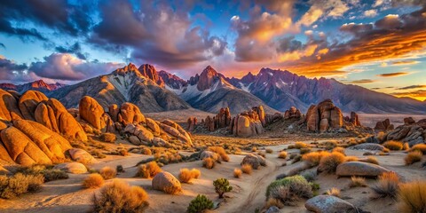 Dramatic Alabama Hills Panoramic Landscape, California, USA - Epic Sunset View