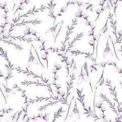 Spring willow branches, snowdrop flowers and leaves in a monochrome rustic style, A seamless pattern on white, perfect for kids theme, Easter, print, fabric and decor Elegant hand drawn illustration