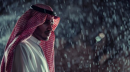 A man, wearing traditional Saudi Arabian attire (thobe and ghutra), stands in heavy rain. His expression is serious and contemplative. The background is blurred, focusing attention on the man.