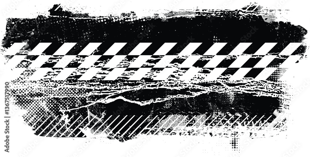 Fototapete Glitch distorted grunge banner . Noise destroyed texture. Checkered race grunge flag . Overlay grunge texture .Distressed effect .Vector shapes with a speed lines and tire tracks screen print texture.