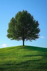 Obraz premium A vibrant green tree stands prominently on a grassy hill