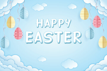 Paper craft Happy Easter card, origami Easter eggs tied with ribbons to the clouds on soft blue background with cut out clouds