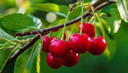 Plump Cherries Hanging on a Tree Branch