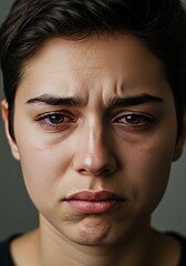 Obraz premium Close-up portrait of a woman with a deeply saddened facial expression