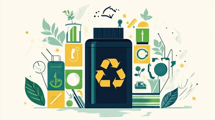A stylized illustration of a battery filled with green energy, surrounded by recycling symbols and eco-friendly elements.