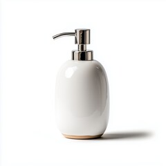 Fototapeta premium White ceramic soap dispenser with a silver pump on a light background. bathroom items a classic white ceramic soap dispenser with a stainless steel pump elegant, minimal isolated on white background