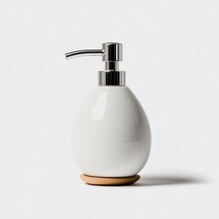 Elegant soap dispenser with a sleek design and natural base. bathroom items white ceramic soap dispenser with a stainless steel pump elegant, minimal isolated on white background 