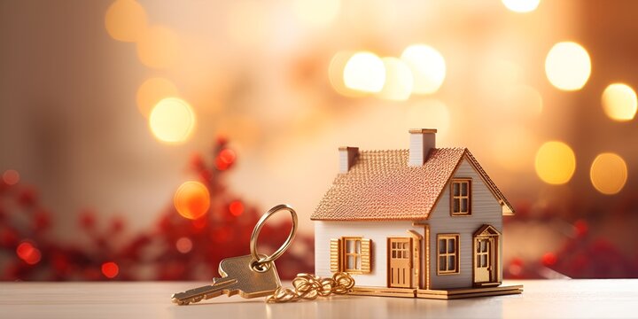 A miniature house with keys on a table, bathed in a golden light, with a blurred background and a bokeh effect bokeh background - Powered by Adobe