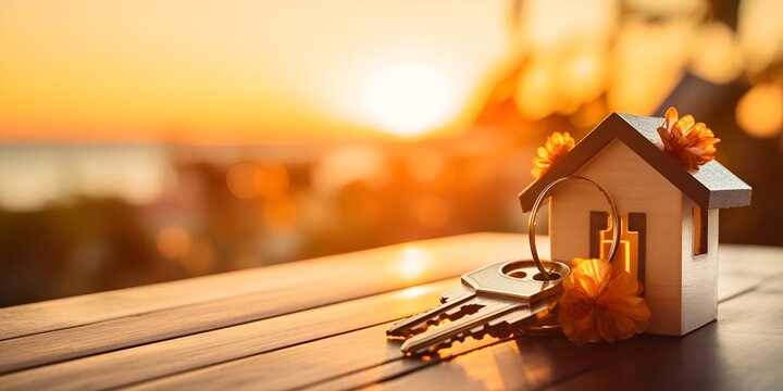 A miniature house with keys on a table, bathed in a golden light, with a blurred background and a bokeh effect bokeh background