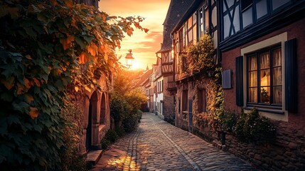 Fototapeta premium A charming cobblestone street winds through a historic European town