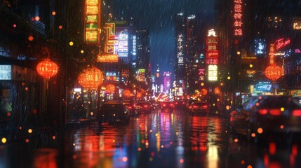 Obraz premium City Street in Rain at Night with Neon Lights and Lanterns