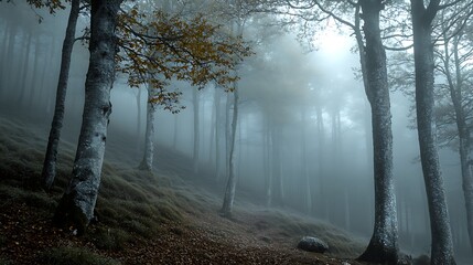 Obraz premium Walking in Foggy Forest Landscape with Trees and Autumn Leaves