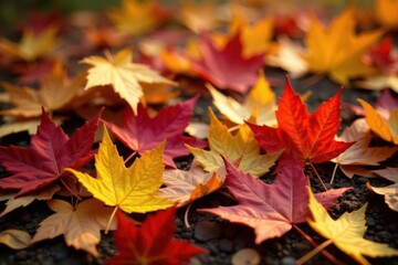 Pile of fallen leaves, earthy tones, close-up, background, view