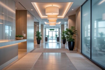 Obraz premium Elegant Corporate Lobby with Soft Focus Pathway in Luxury Clinic and Hotel Design