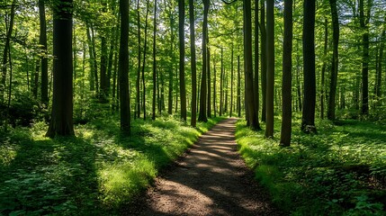 Obraz premium Walking Path Through Lush Green Forest with Sunlight and Tall Trees