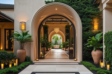 Fototapeta premium Contemporary Luxurious Entrance Archway Surrounded by Warm Environments and Lush Greenery