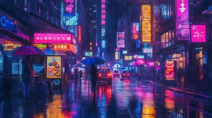 Walking Rainy City Street with Umbrellas and Neon Light Reflections