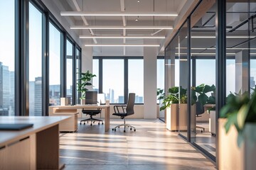 Contemporary Office Space with Expansive Windows and Soft Perspective
