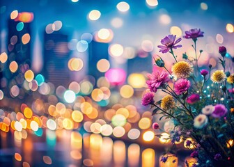 Dreamy Bokeh Double Exposure Photography Mockup: Abstract Cityscape and Floral Overlay
