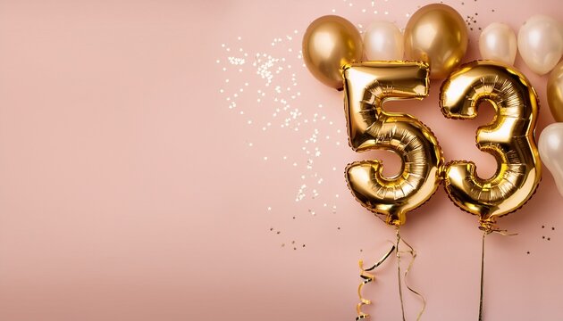Banner with 53 number golden balloons with pastel background, copy space. Generated image