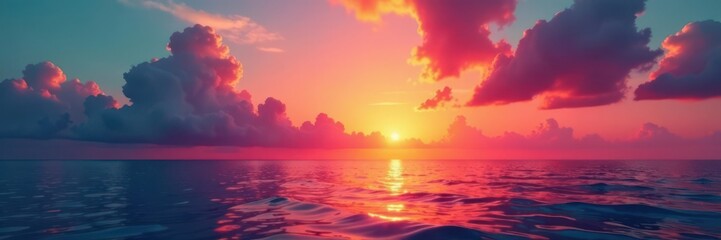 Obraz premium Vibrant sunrise paints the sky & sea with fiery hues, fluffy clouds drift peacefully , golden hour, colors, orange