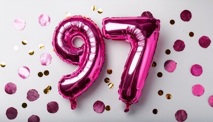 Pink balloon number 97 for ninety-seventh birthday or anniversary party. White background with confetti