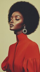 Obraz premium Retro style portrait of a beautiful black woman with red lipstick and large earrings, experimental dark aesthetic style dizzy effect, dramatic lighting, mirrorglass effect